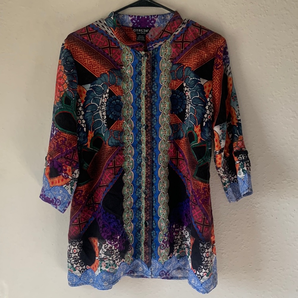 Citron Silk Medium button Shirt Top Blouse 3/4 Sleeve